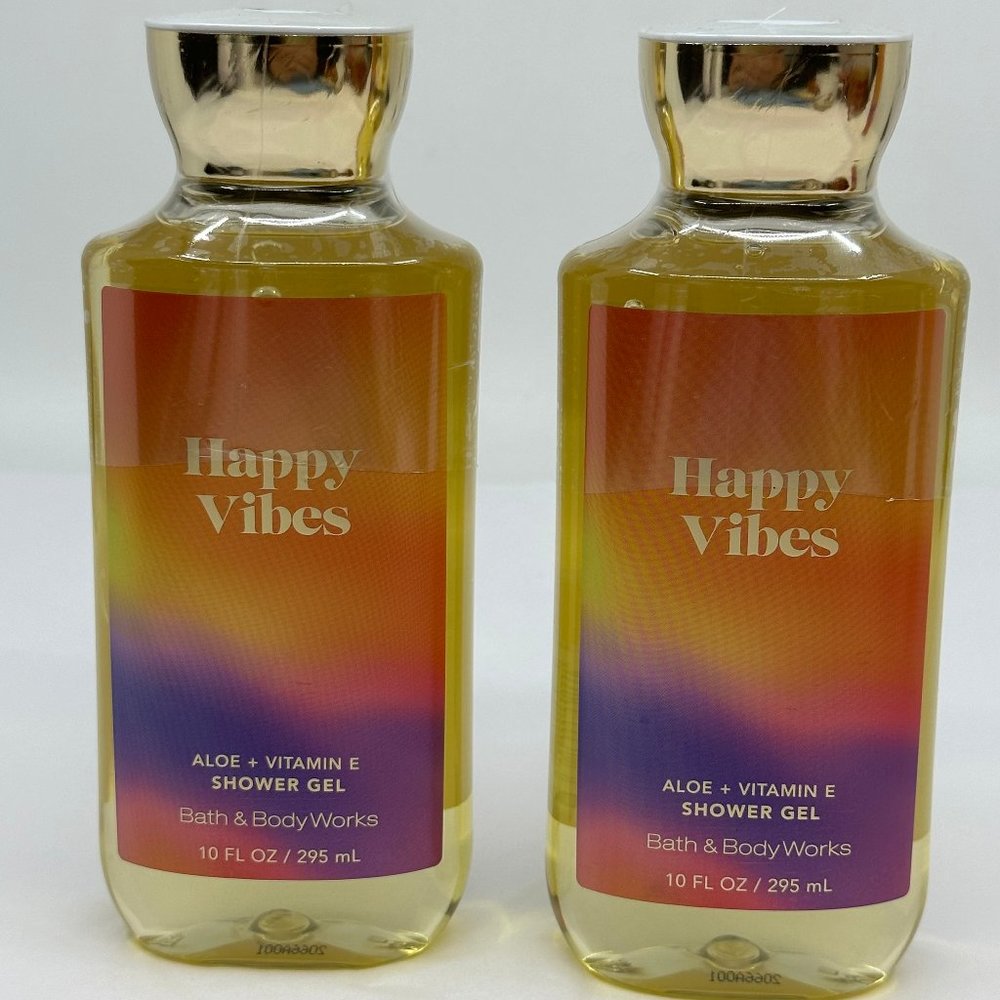 2x BBW Happy Vibes Shower Gel 10 ounces each Aloe + Vitamin E NEW